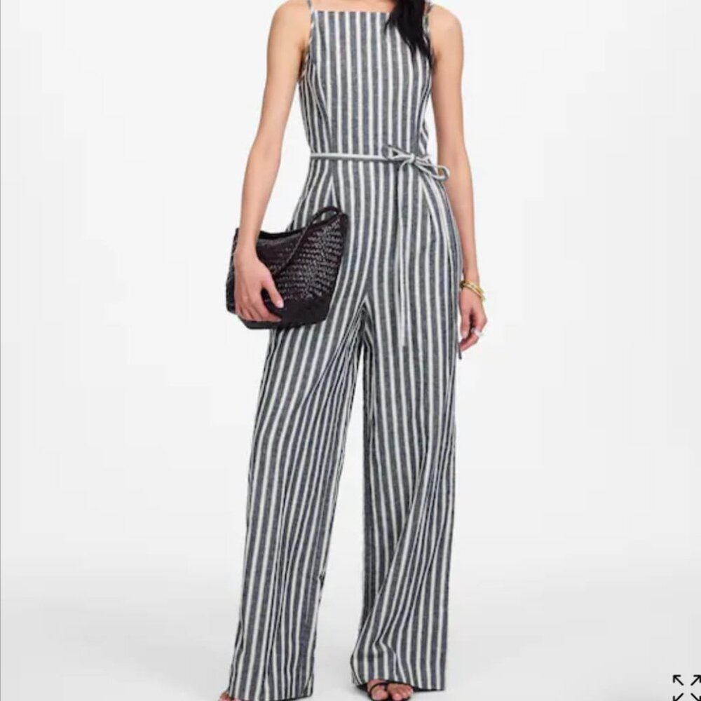 Pleated Wide-Leg Jumpsuit in Pinstripe Linen